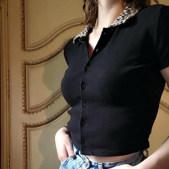 Button-down t-shirt with leopard print collar - Picture 4 of 6